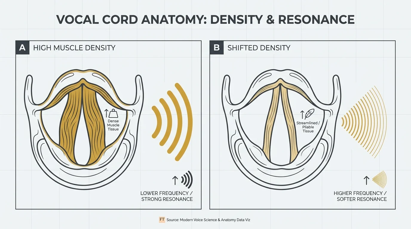 A modern infographic comparing high muscle density in vocal cords to the thinner density that occurs with age.
