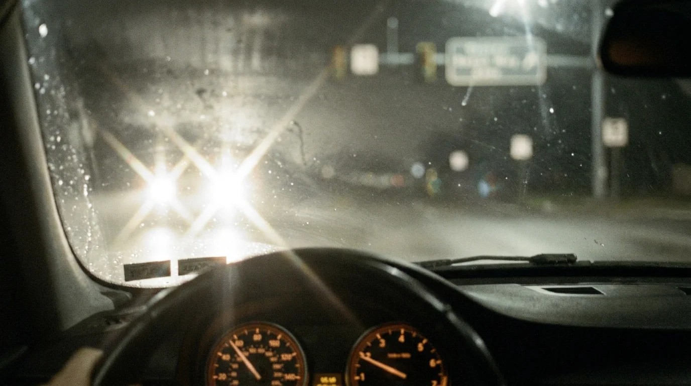 A night driving view through a windshield showing massive headlight glare and dull, faded colors.