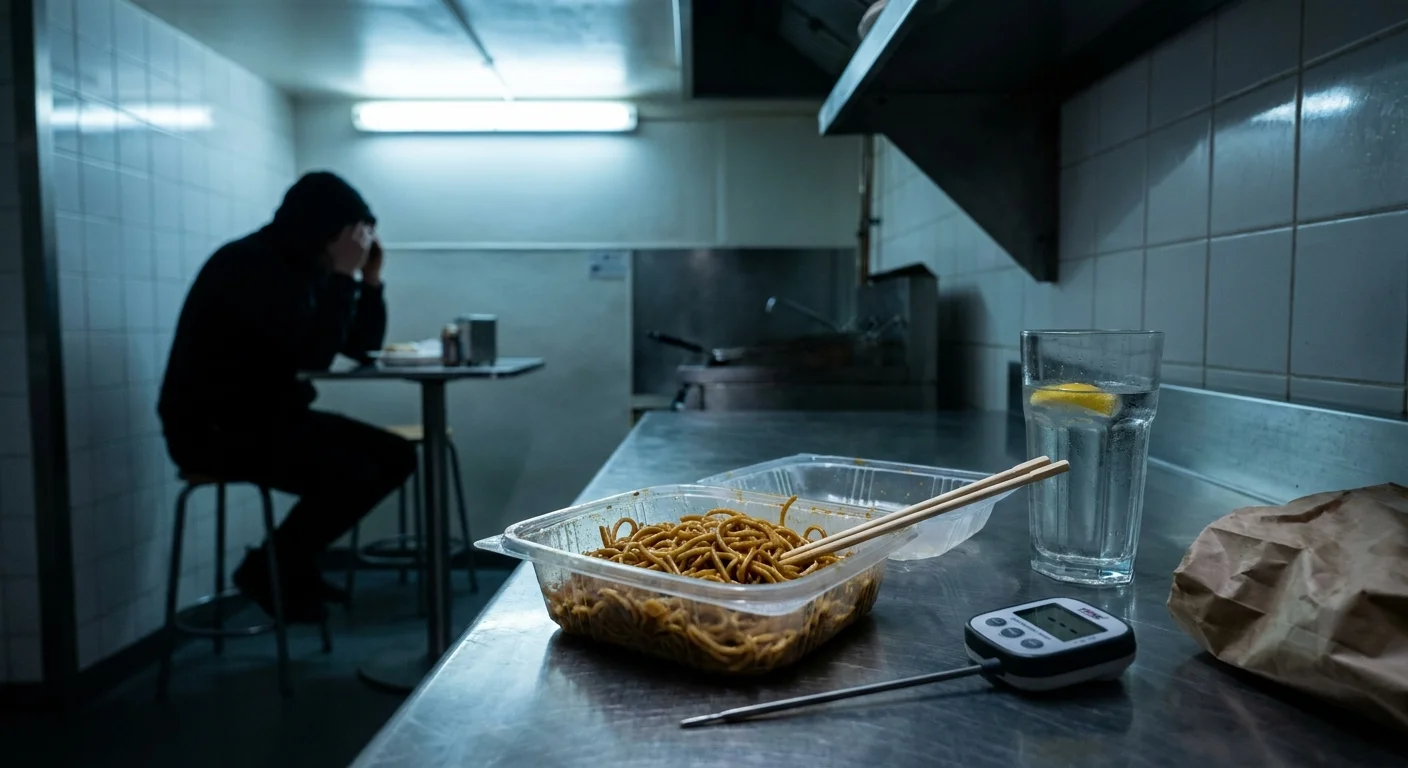 A nighttime kitchen scene with leftover food and a person looking unwell in the background.