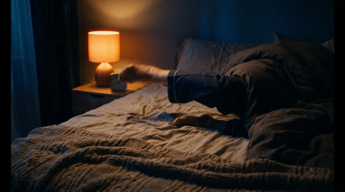 A nighttime photo of a senior in bed with one leg moving restlessly outside the covers.