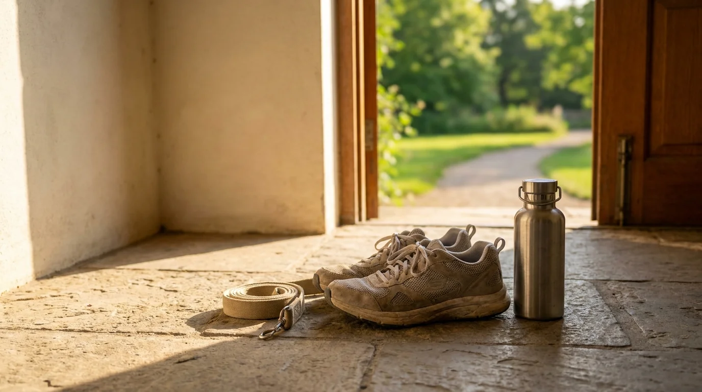 A pair of walking shoes by an open door leading to a sunny path, symbolizing gentle cardiovascular exercise.