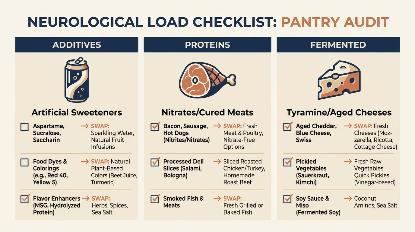 A pantry audit checklist showing dietary headache triggers like artificial sweeteners, nitrates, and aged cheeses.
