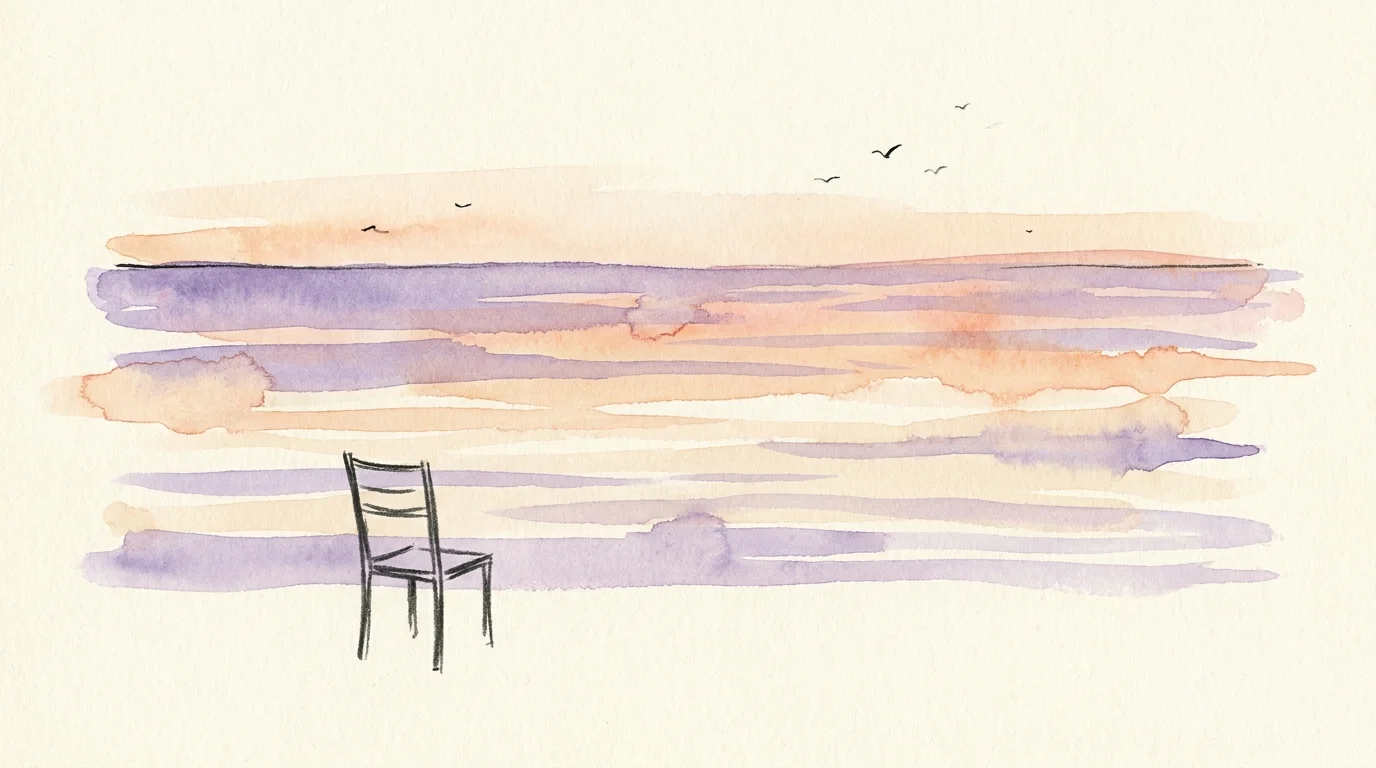 A peaceful watercolor illustration of a chair facing a calm lake, representing stress management and mental well-being.