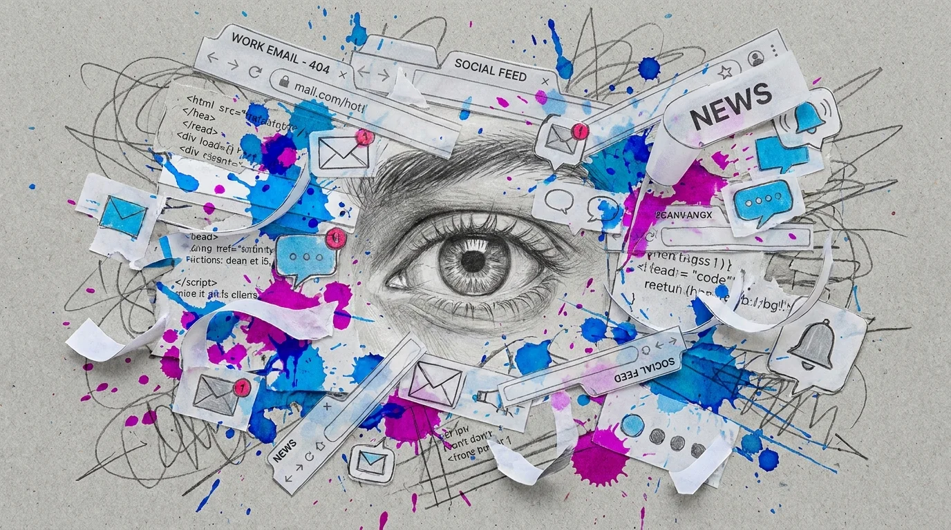 A pencil-drawn eye surrounded by a chaotic swarm of paper cutouts of digital icons and browser tabs on a grey background.