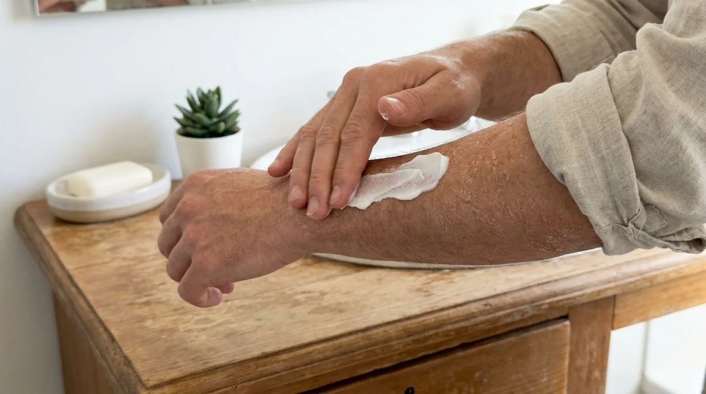 A person applies moisturizer to dry, itchy skin on their arm, a common sign of mineral imbalance in kidney disease.