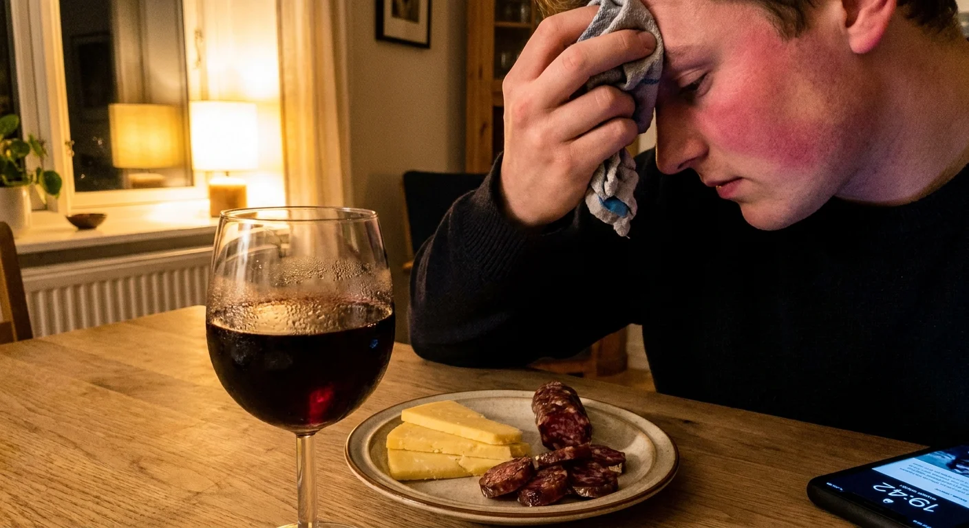 A person experiencing facial flushing and a headache while sitting at a table with red wine, aged cheese, and cured meats.