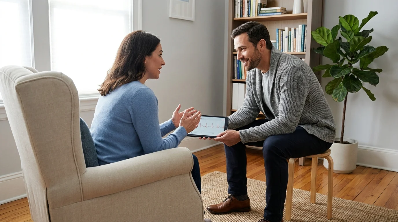A person having a supportive, professional consultation with a healthcare provider in a comfortable office.