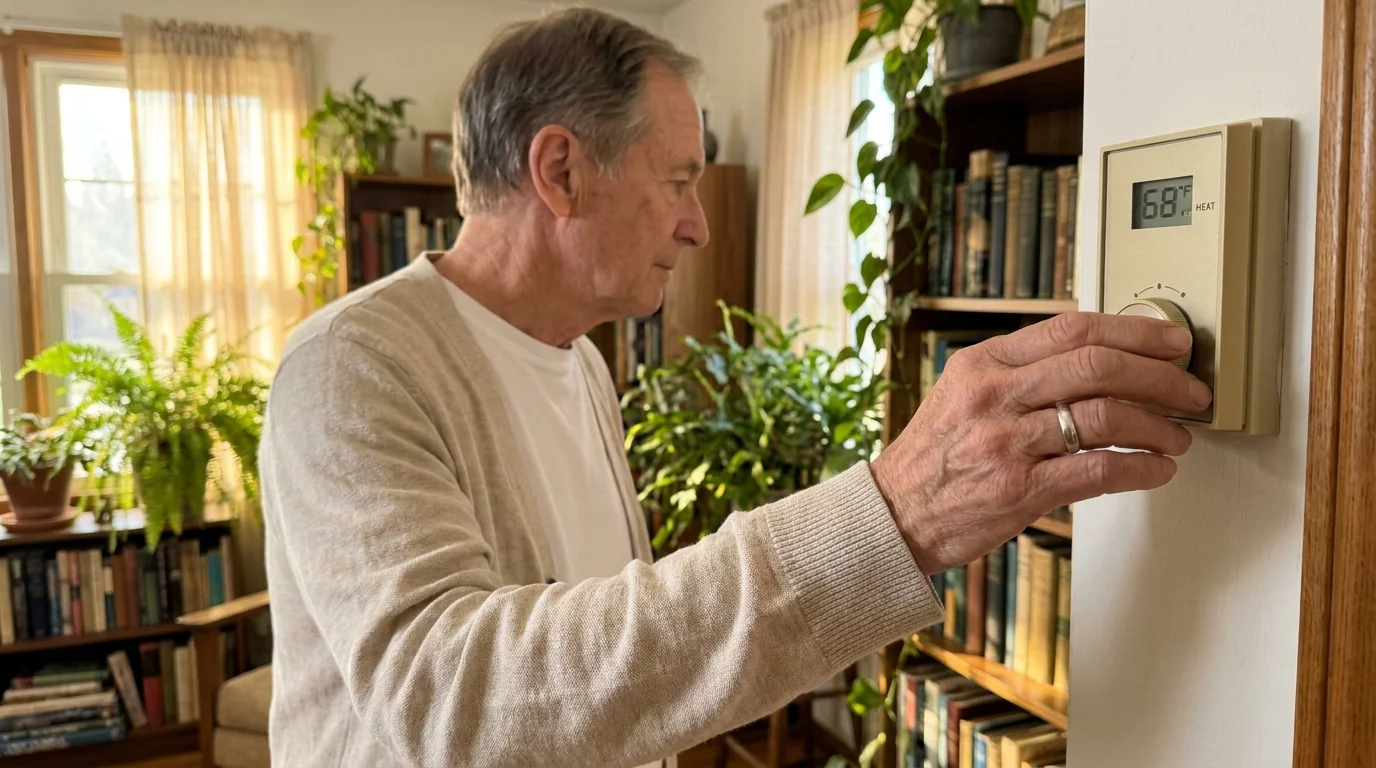 A person in a linen cardigan adjusting a home thermostat in a cozy, sunlit living room.