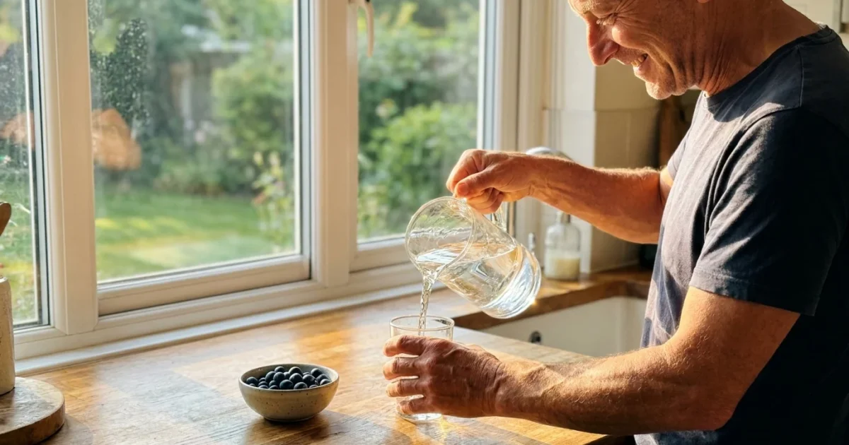 A person in a sunlit kitchen pours a glass of water, emphasizing hydration and daily wellness habits.