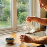 A person in a sunlit kitchen pours a glass of water, emphasizing hydration and daily wellness habits.