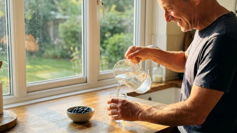 A person in a sunlit kitchen pours a glass of water, emphasizing hydration and daily wellness habits.