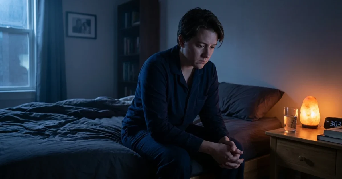 A person in pajamas sits on the edge of their bed at night, illuminated by soft moonlight and a warm lamp, appearing thoughtful and concerne