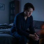 A person in pajamas sits on the edge of their bed at night, illuminated by soft moonlight and a warm lamp, appearing thoughtful and concerne