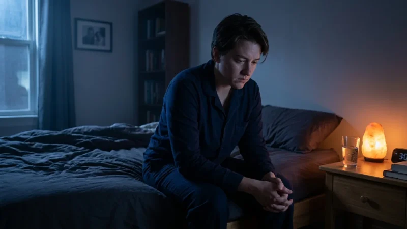 A person in pajamas sits on the edge of their bed at night, illuminated by soft moonlight and a warm lamp, appearing thoughtful and concerne