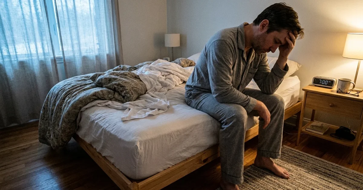A person in pajamas sits on the edge of their bed in the early morning, looking tired and resting their head in their hand.