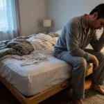 A person in pajamas sits on the edge of their bed in the early morning, looking tired and resting their head in their hand.