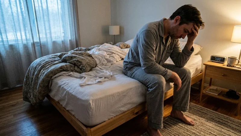 A person in pajamas sits on the edge of their bed in the early morning, looking tired and resting their head in their hand.
