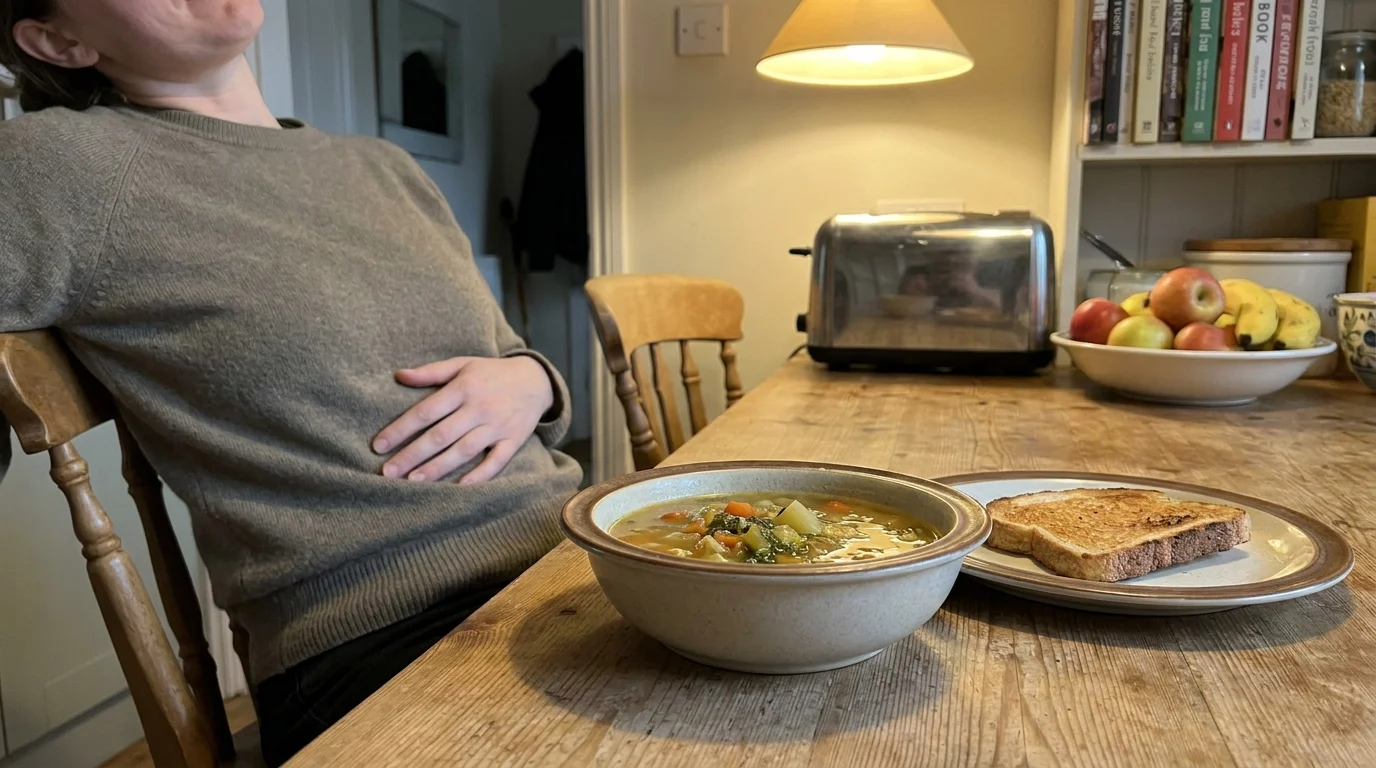 A person leans back from a bowl of soup at a kitchen table, looking unwell and touching their stomach.