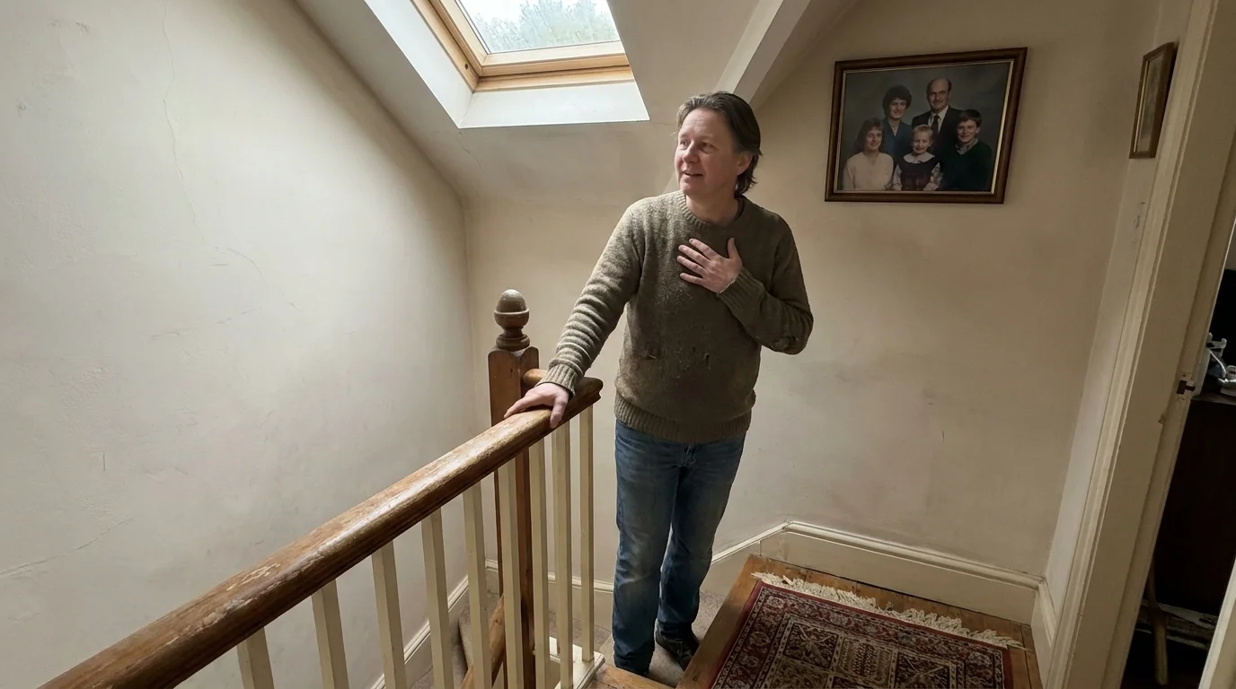 A person pauses on a staircase, hand on chest, illustrating shortness of breath from simple daily activities.