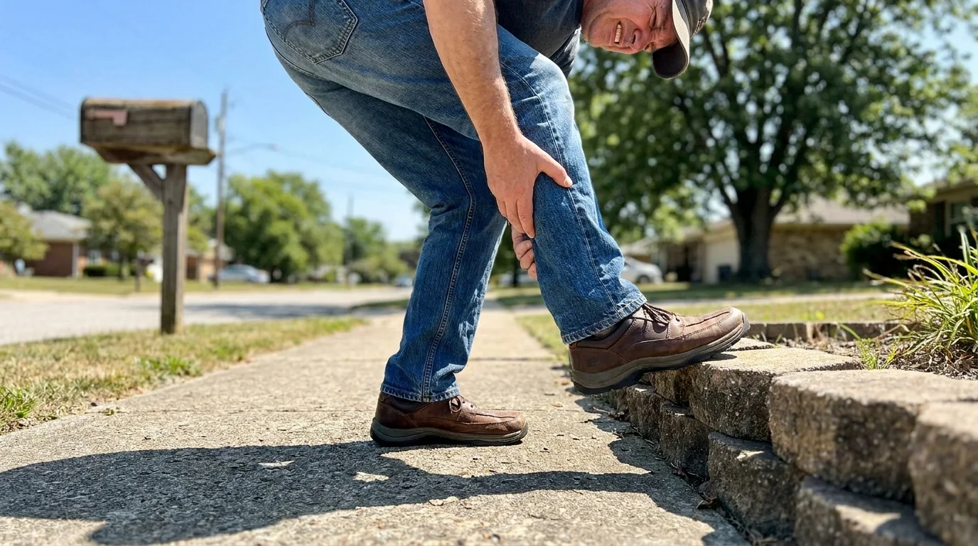 A person pausing their walk on a sidewalk to rub a cramped calf muscle, illustrating intermittent claudication.