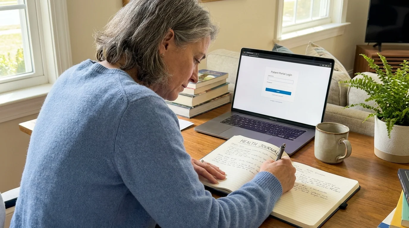 A person sitting at a desk at home, writing in a health journal with a computer open to a medical portal.