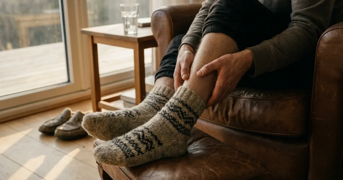 A person sitting in a living room rubbing their leg and ankle, wearing thick wool socks, highlighting signs of circulation issues.