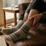 A person sitting in a living room rubbing their leg and ankle, wearing thick wool socks, highlighting signs of circulation issues.