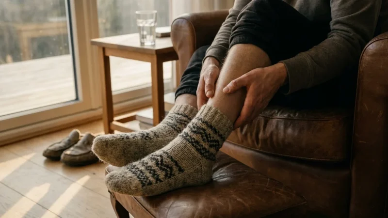 A person sitting in a living room rubbing their leg and ankle, wearing thick wool socks, highlighting signs of circulation issues.