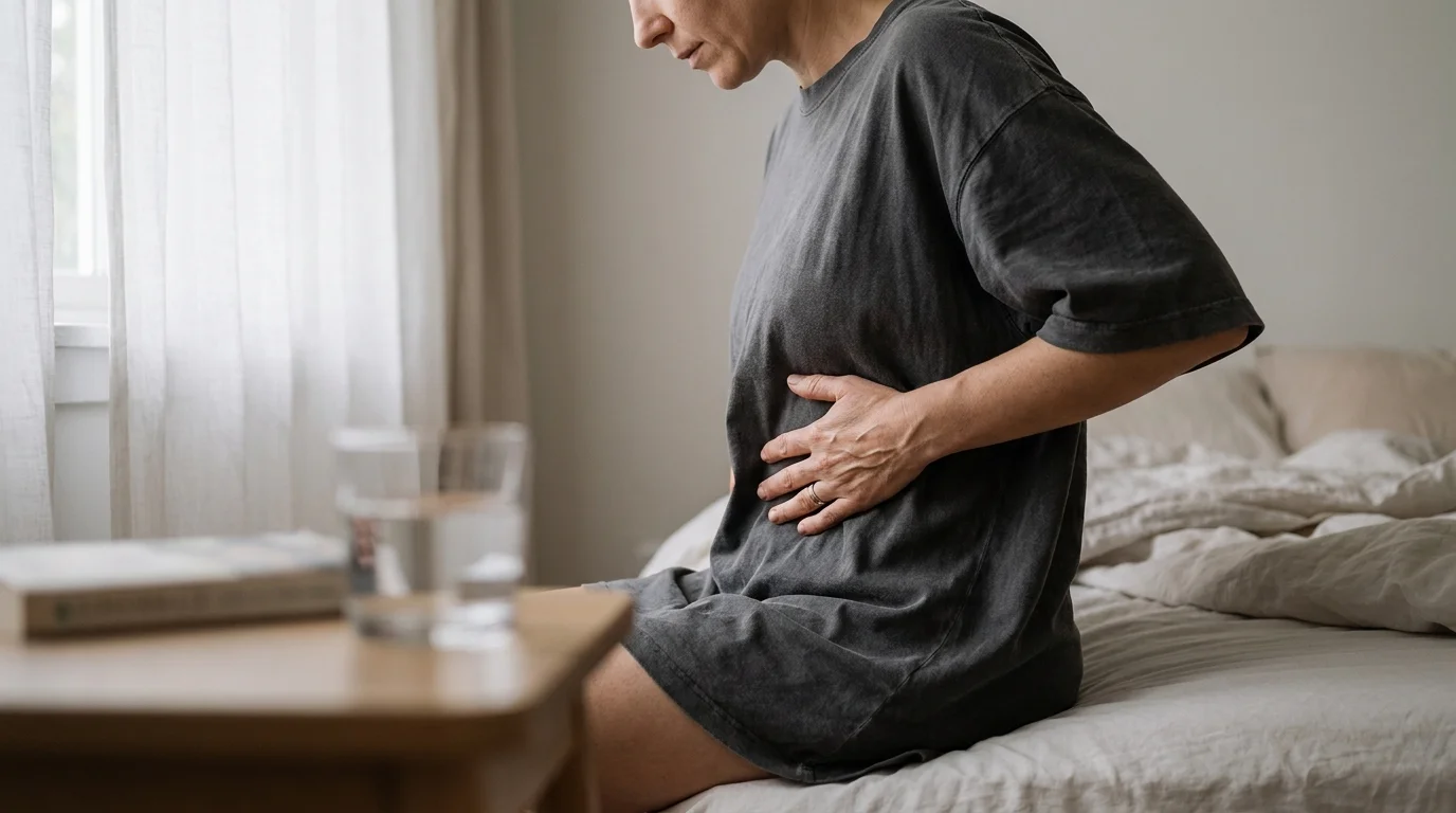 A person sitting on a bed with their hand placed over their upper right abdomen in discomfort.