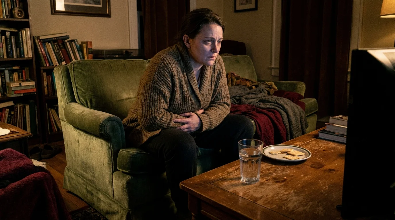 A person sitting on a sofa with their hands on their stomach, suggesting digestive discomfort in a cozy, dimly lit room.