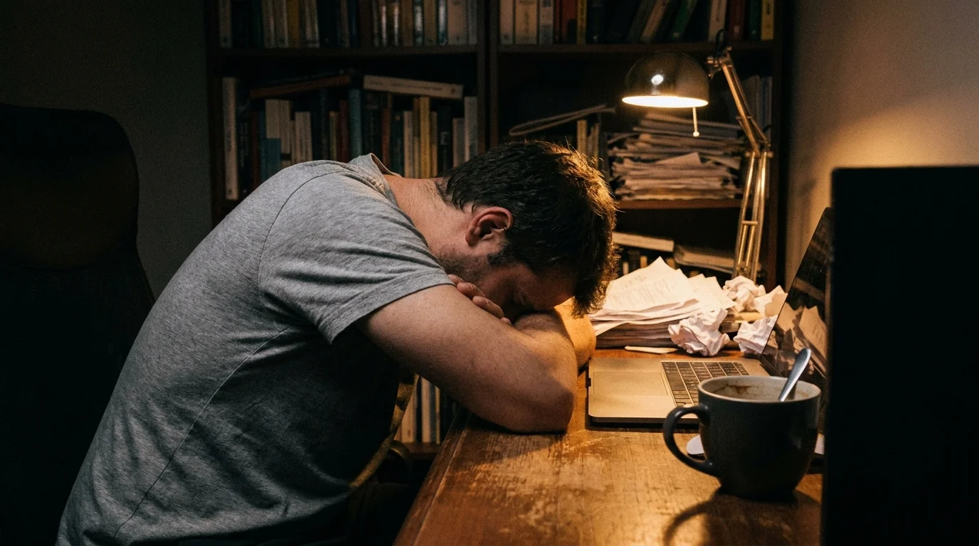 A person slumped at their desk with their head on their arms, expressing total physical exhaustion.