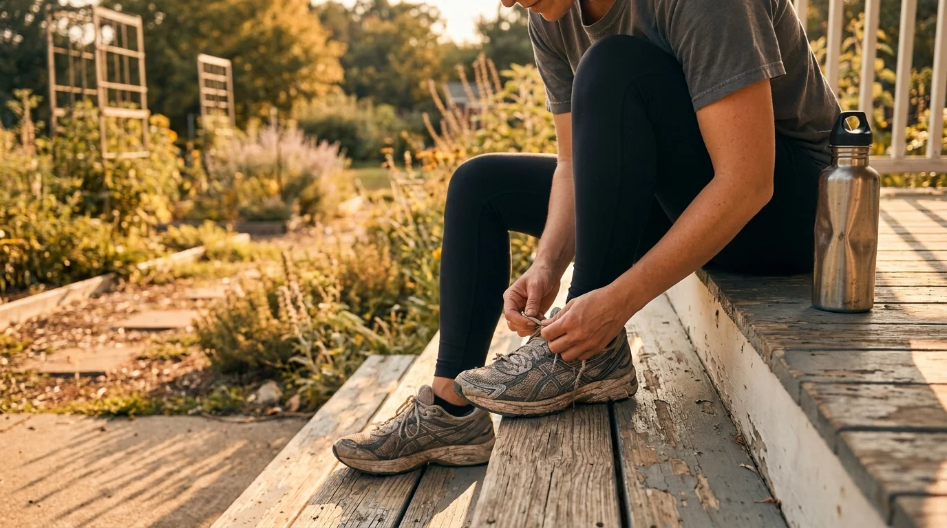 A person ties their running shoes while sitting on wooden porch steps in the late afternoon sun.