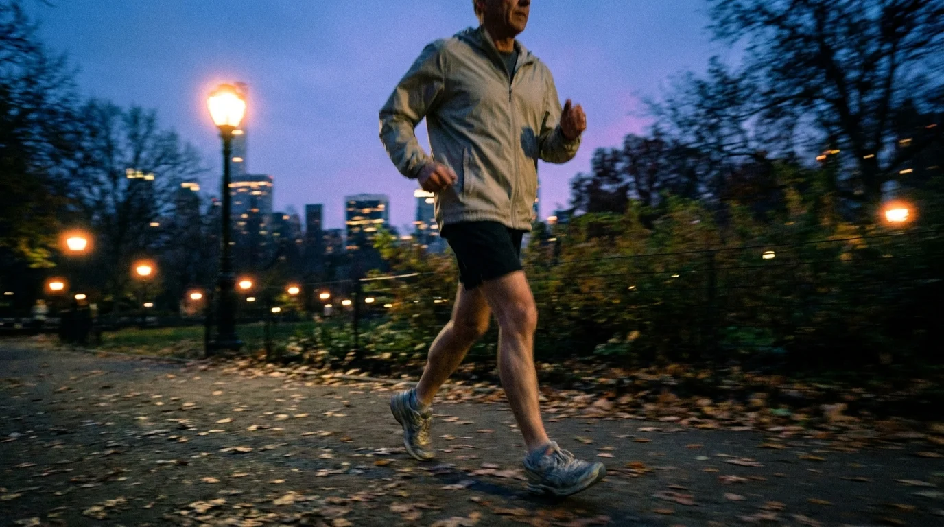 A person walking briskly through a park at dusk, emphasizing movement as a form of medicine.
