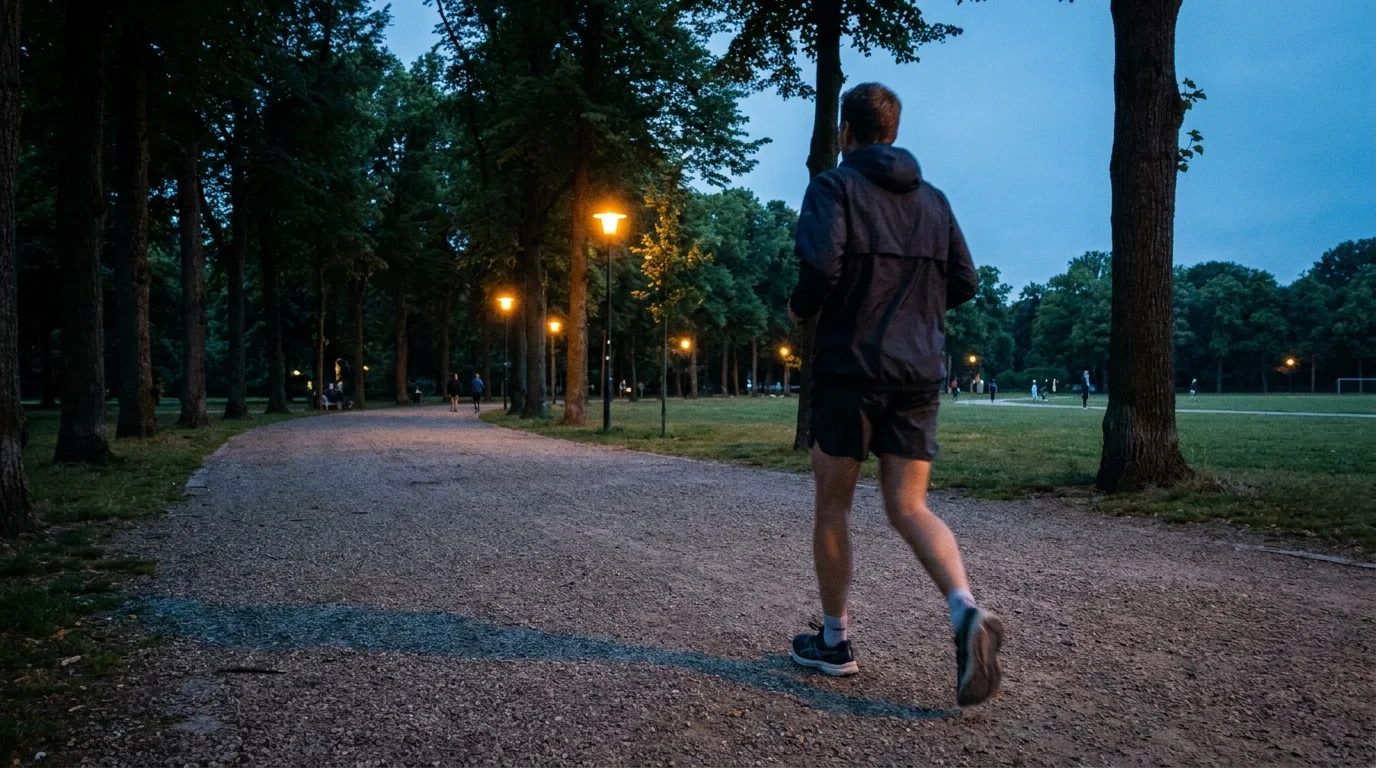 A person walking briskly through a park at twilight, suggesting active lifestyle choices.