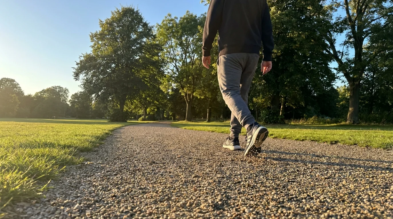 A person walking slowly on a park path during sunset, illustrating gentle movement for pulmonary recovery.