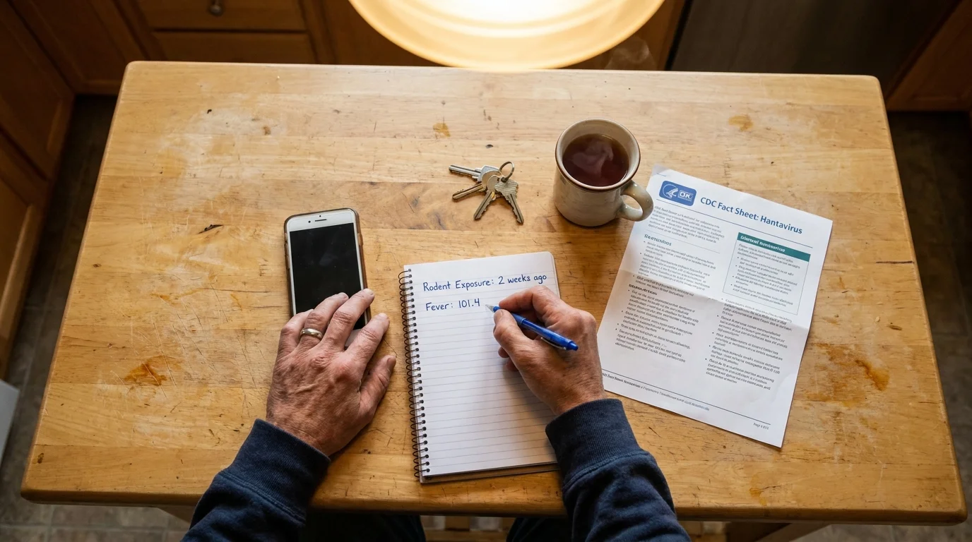 A person writing down their symptoms and rodent exposure history in a notebook while holding a phone.