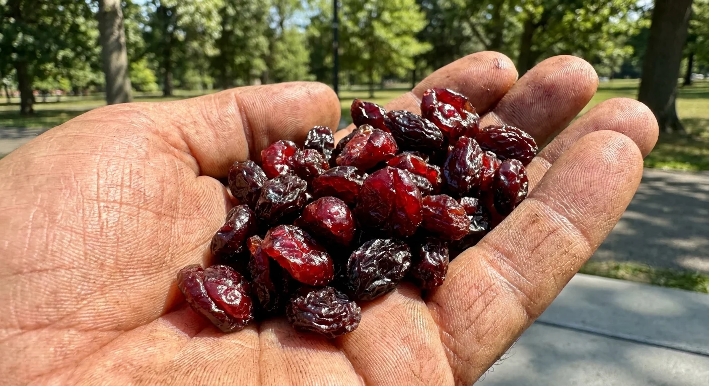 A person's hand holding a large pile of dried raisins and cranberries in bright sunlight.