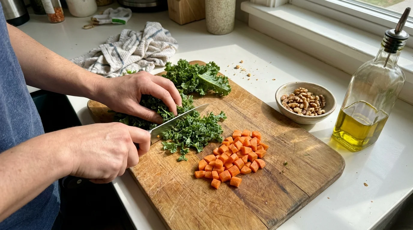 A person's hands chopping fresh kale and carrots on a wooden board in a sunlit kitchen.