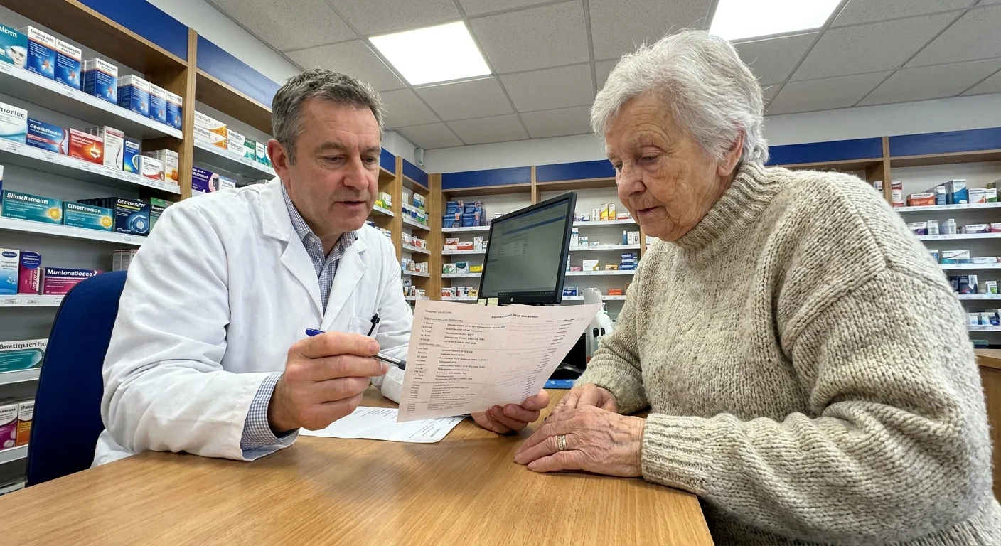 A pharmacist and an older woman reviewing a printed list of medications together at a counter.