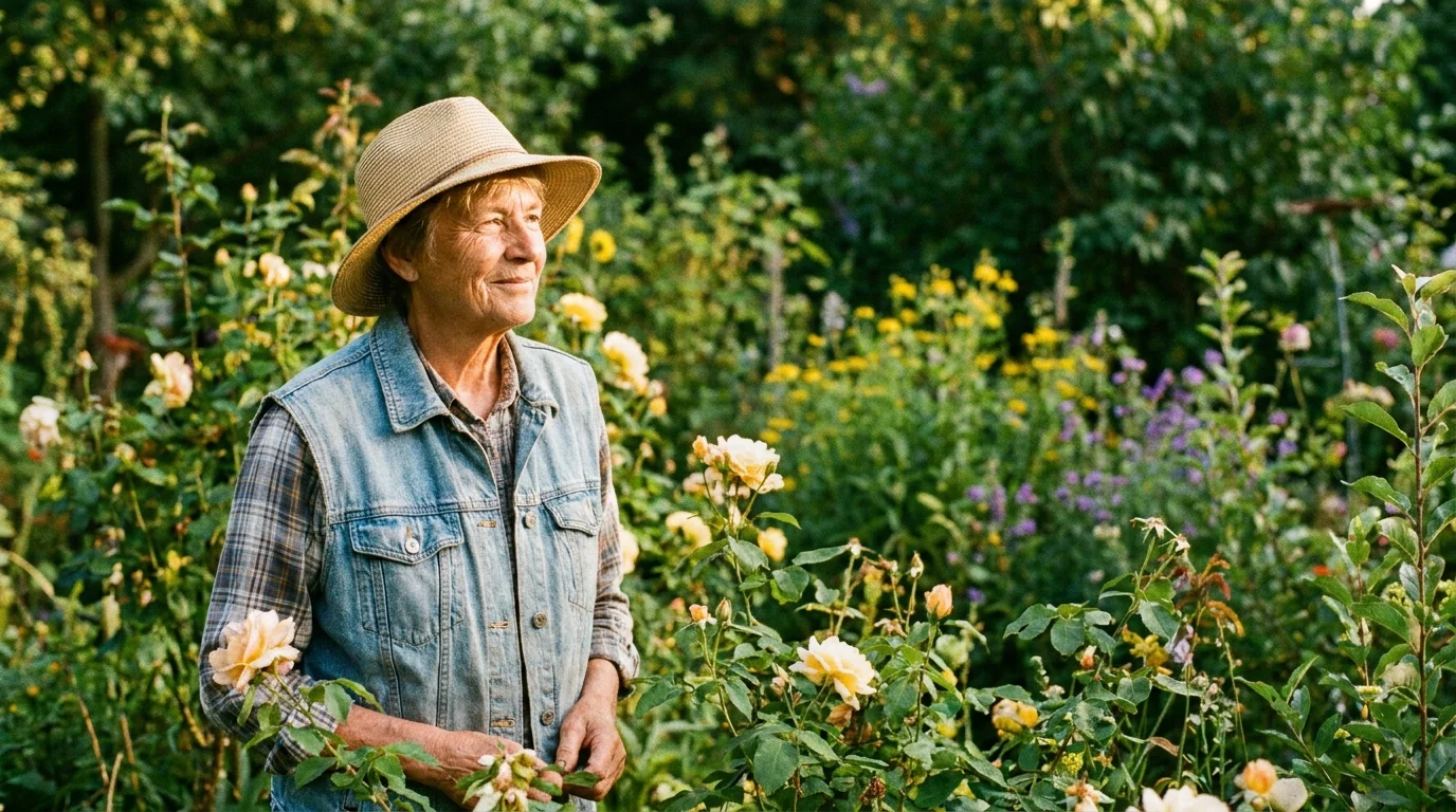 A portrait of a healthy-looking older adult in a garden, representing a success story in heart health.