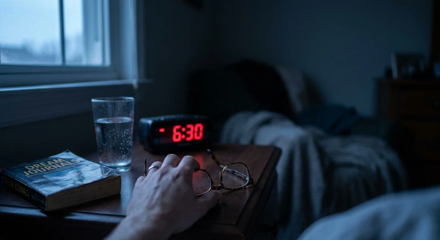 A POV photo showing a blurry digital clock reading 6:30 AM, with a hand reaching for a pair of glasses.