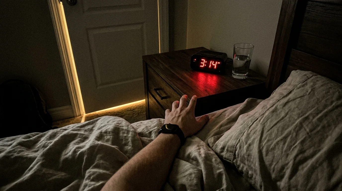 A POV shot at night of a hand reaching for a glass of water next to a clock showing 3:14 AM.