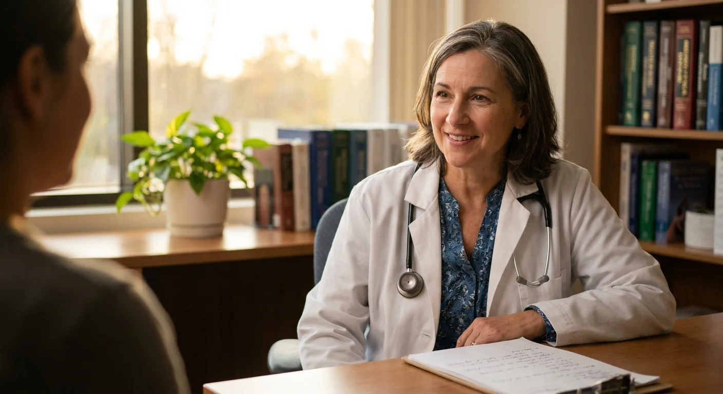 A professional and friendly-looking female doctor in a white coat sitting in a warm, sunlit office.