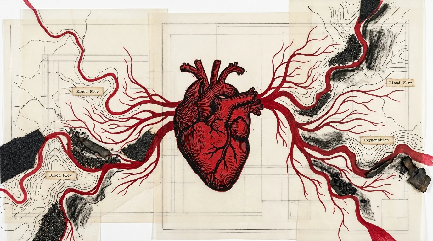 A red woodcut heart with arteries turning into a river map, with some sections blocked by black grit and charcoal.