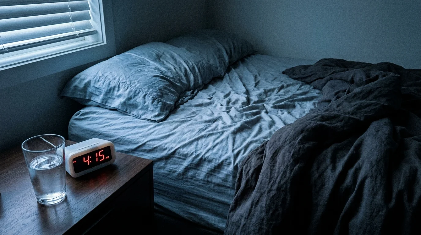 A rumpled bed with a damp pillow and a glass of water on the nightstand in the dim light of early morning.
