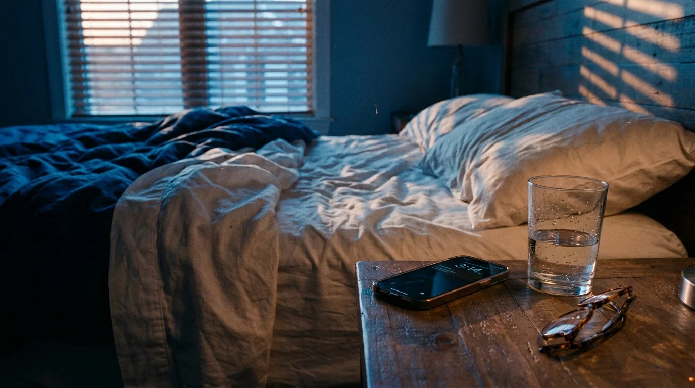 A rumpled bed with a phone showing 3:14 AM on the nightstand, illustrating a night of restless, unrefreshing sleep.