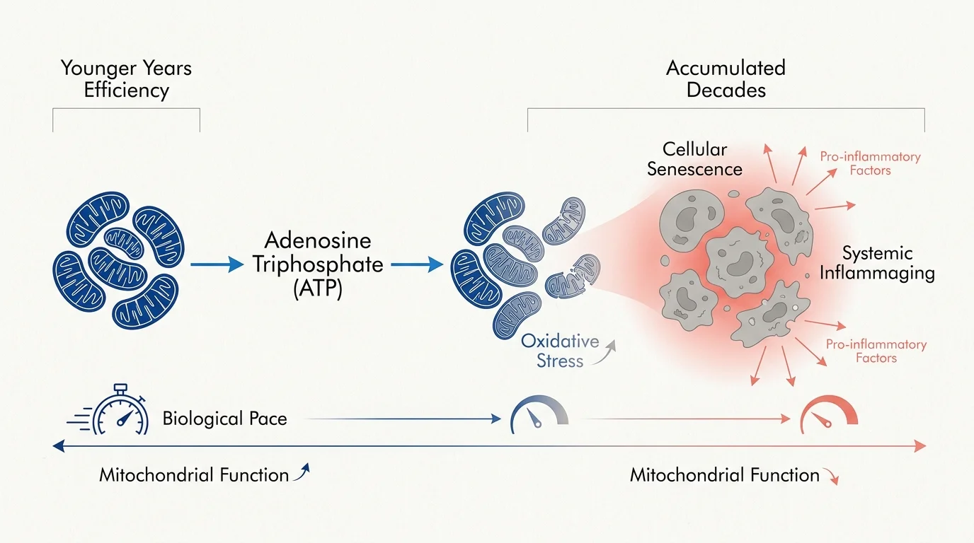 A scientific diagram comparing healthy ATP production in young cells to cellular senescence and inflammaging in aging cells.