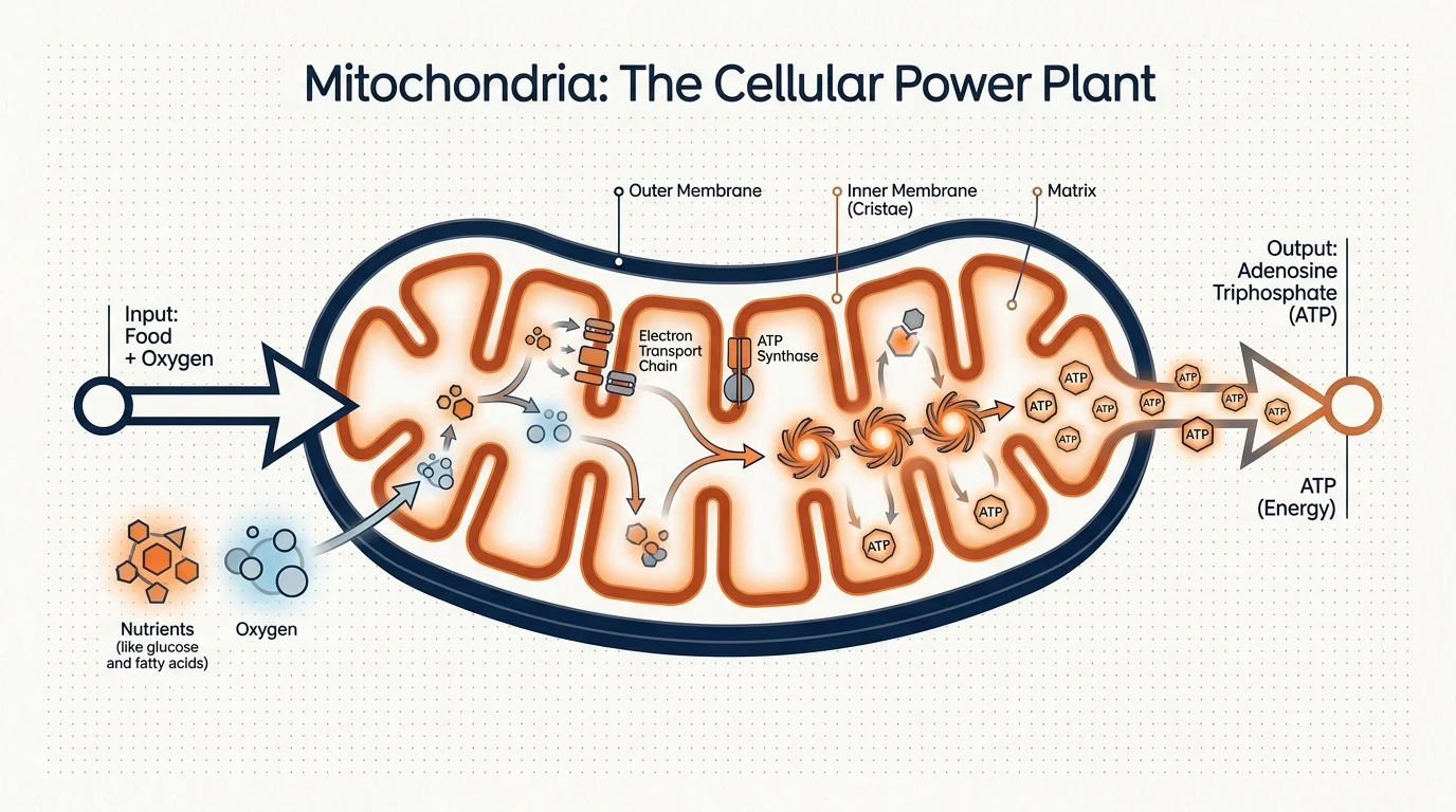 A scientific diagram showing how mitochondria convert food and oxygen into ATP energy packets inside human cells.