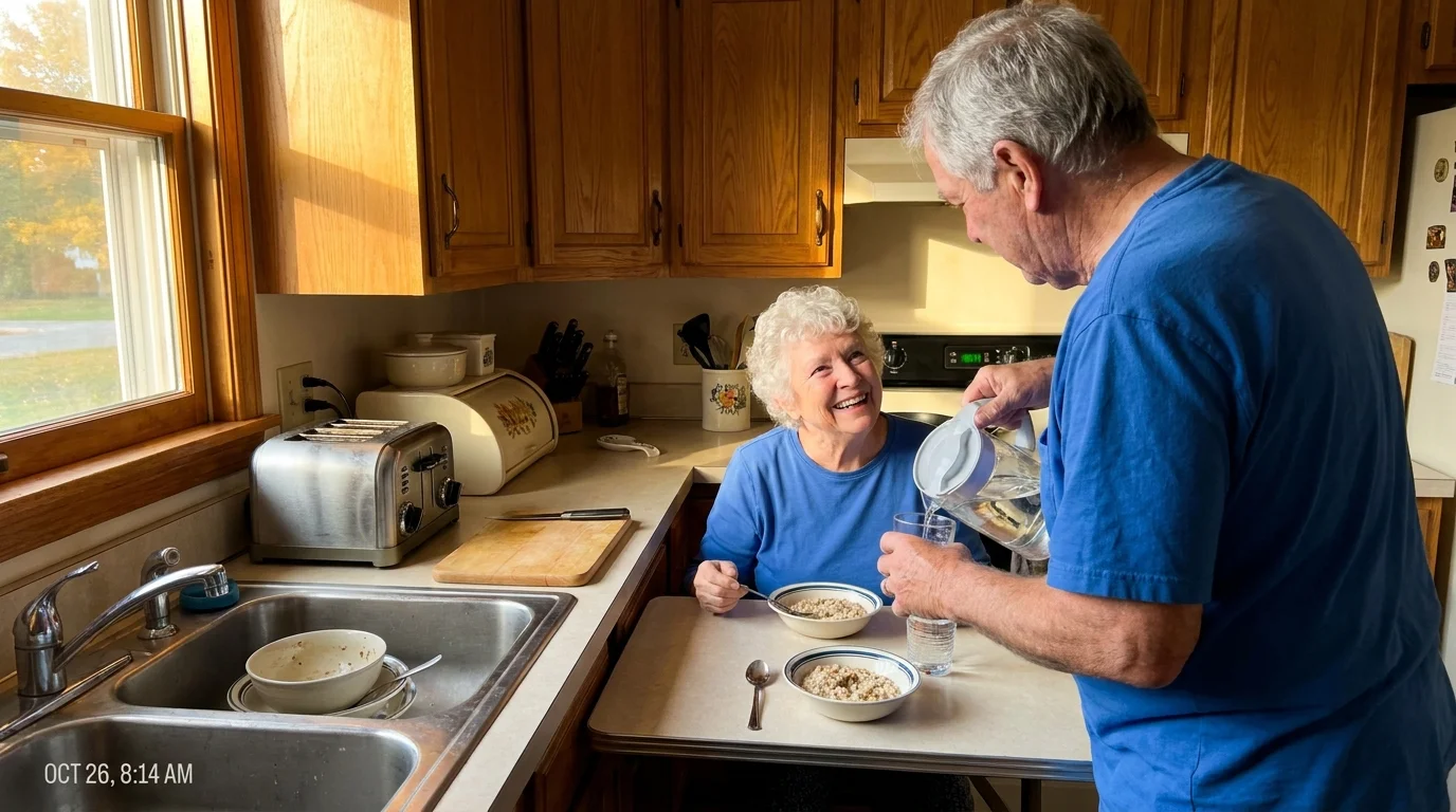 A senior couple enjoying a healthy breakfast together in their authentic, sunlit kitchen.