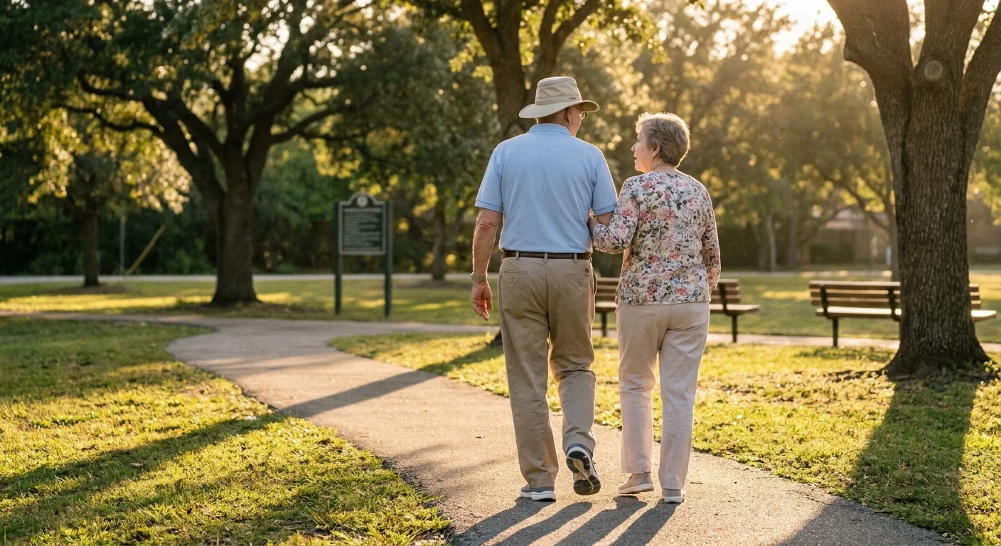 A senior couple walking together in a park at sunset, showing support and active living.